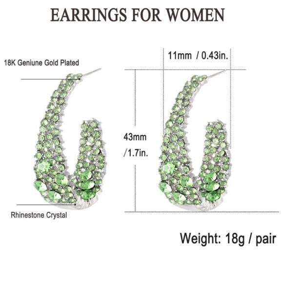 18k White Gold and 925 Sterling Silver with Green Peridot Crystal Hoop Earrings - Picture 5 of 5